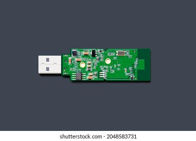USB flash memory isolated on dark background. Inside usb structure, exposed circuit of Usb flash drive