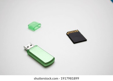 USB Flash and memory stick on a white background. Macro technology