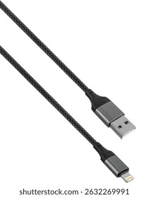 USB Lightning cable with nylon braid. on white background, Increased durability and resistance to kinks.