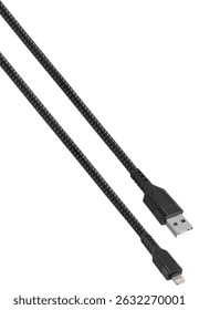 USB Lightning cable with nylon braid. on white background, Increased durability and resistance to kinks.