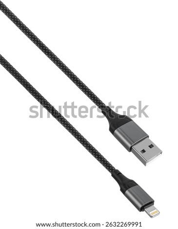 USB Lightning cable with nylon braid. on white background, Increased durability and resistance to kinks.
