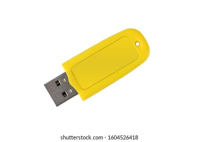 USB memory stick - Yellow flash drive on white insulated background. Close-up