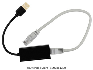 USB Network Adapter With LAN Wire On White Background