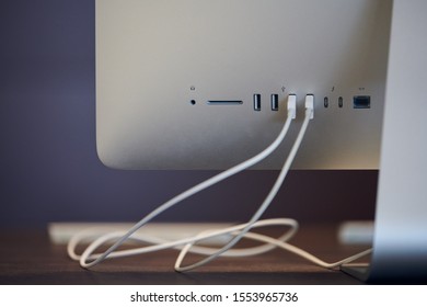 USB Ports In Desktop Computer. USB Cable Plugged In Port. Modern Workplace For New Employee.