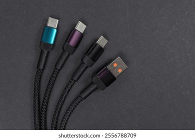 USB type A, USB type C cable isolated on dark background.