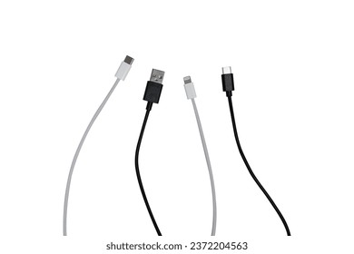 USB type A, USB type C and lightning cable isolated on white background.