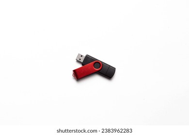 USB Type C - USB 3.0 Flash Drive memory with red and black colors against white background. Isolated. Top view. Flat layout.