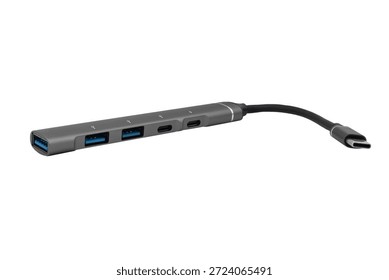 USB Type C adapter hub with, ethernet, HDMI, USB, SD microSD cables. Converter cables for computers and smartphones isolated on white background
