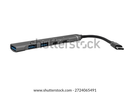 USB Type C adapter hub with, ethernet, HDMI, USB, SD microSD cables. Converter cables for computers and smartphones isolated on white background