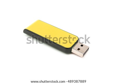 USB Yellow flash drive memory on a white background, selective focus
