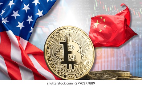 The US-China relationship is causing volatility in Bitcoin and the financial markets, as evidenced by the cryptocurrency's yellow color, the two countries' flags, and the red stock market charts showing declines, along with digital trading data.