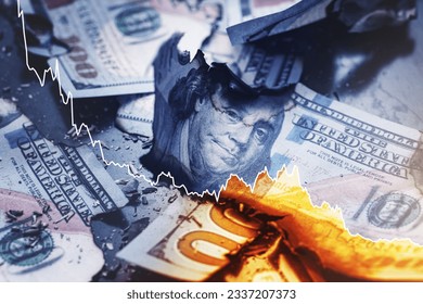 USD bills with overlayed falling sparkline chart. Concept of economic crisis, inflation,  GDP negative growth. - Powered by Shutterstock