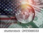 USD dollar banknote with USA flag and stock market graph chart for currency exchange and global trade forex concept.