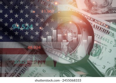 USD dollar banknote with USA flag and stock market graph chart for currency exchange and global trade forex concept. - Powered by Shutterstock