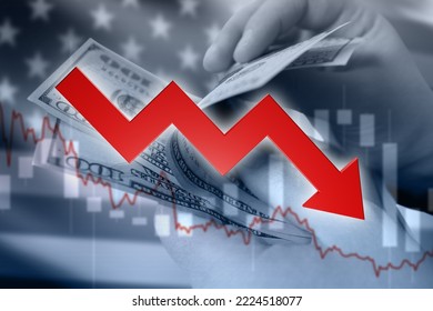 USD Falling Chart. Hands With Money In Front Of USA Flag. Shooter Decrease In Purchasing Power Dollar. Decrease In USD Value. Inflation In USD Zone. Economic Collapse Of American Economy.