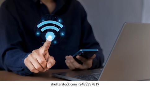 Use business laptop with wifi icon, business communication social network concept.	 - Powered by Shutterstock