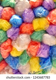 Use Of Colorful Plastic Bags. Plastic Bags Prepared For Recycling. Plastic Bags Don’t Biodegrade, They Breaking Down Into Smaller And Smaller Toxic Bits.