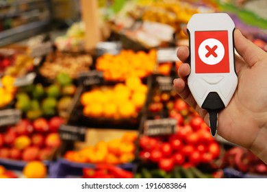 Use Nitrate Tester In Market To Buy Organic Vegetables And Fruits. Inspection Of Farm Products To High Content Of Nitrates And Pesticides. Dangerous Excess Of Indicators. Concept Of Proper Nutrition.