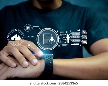 Use smartwatch Digital healthcare and network on modern virtual screen. Medical technology network connection data concept. Medical technology and futuristic concept. Health Check with digital system. - Powered by Shutterstock