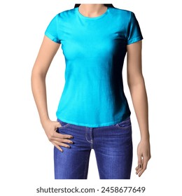 Utilice esta maqueta de camiseta de cuello redondo con estilo vista frontal en color azul pavo real, para hacer que su diseño se muestre de manera efectiva y más hermosa. Foto de stock
