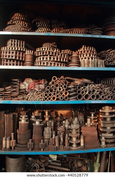 Used\
automobile parts arranged in shelves for\
sale