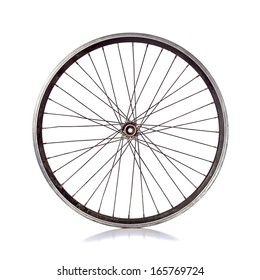 Used Bicycle Wheel With No Tire On White Background