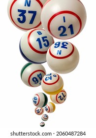 Used Bingo Balls Falling On White Background