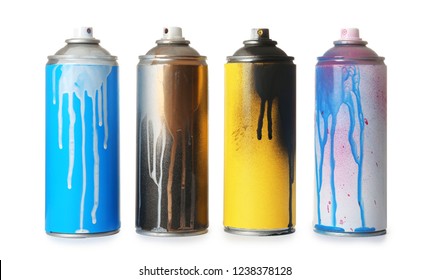 Used cans of spray paint on white background - Shutterstock ID 1238378128
