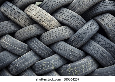 Used Car Tires Pile In The Tire Repair Shop Yard