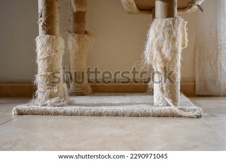 Used cat scratching post.  Old cat tower with copy space.