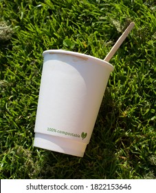 Used Coffee Cup And Stir Stick On The Ground. Paper Cup Recyclable With Label 