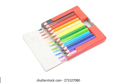 Used Color Pencil In Red Box On White Background 