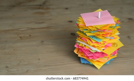 Used Colorful Post-it Notes Stack In Stick White Pike, Put On The Wooden Table Work Space