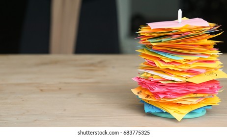 Used Colorful Post-it Notes Stack In Stick White Pike, Put On The Wooden Table Work Space