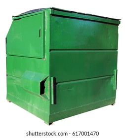 Used And Dented Green Industrial Dumpster. Isolated.