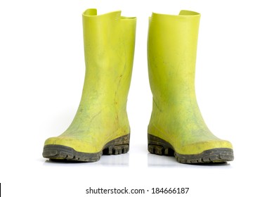 Used And Dirty Green Rain Boots.