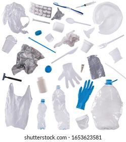 Used Disposable Plastic Rubbish Isolated On White Background. Elements For Design.