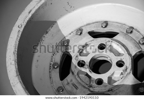 Used gray sports car rim, close up photo.\
Abstract modern car design\
template