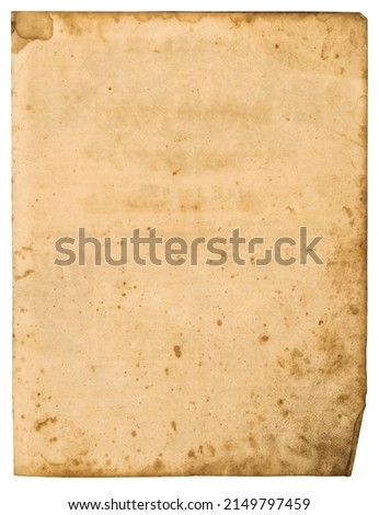 Used grungy paper sheet. Old cardboard with stains isolated on white background