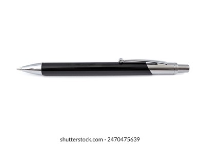 Used metallic black ball point pen, isolated on white background,, close up texture