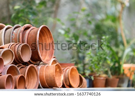 Used old empty terracotta/clay flower pots in greenhouse/hothouse, blurred background. Copy space. 