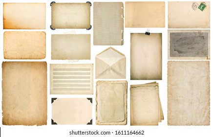 Used Paper Sheets With Edges. Vintage Book Pages, Postcard, Music Notes, Photo Frame With Corner, Envelope Isolated On White Background. Set. Collection