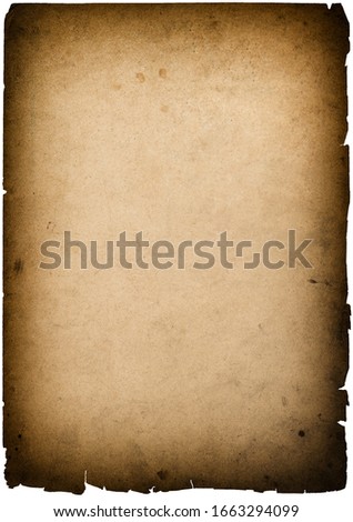 Used paper with torn edges and vignette isolated on white background