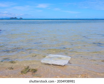 Used Plastic Bag On Sea Beach, Plastic Pollution ;environmental Or Polution Concept