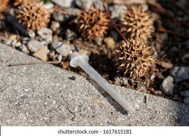 A Used Syringe Lays Discarded In A Tree Well Along Spring Garden Street In Philadelphia, Emphasizing The Opioid Crisis And Urgent Need For Safe Injection Sites.