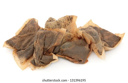 Used Tea Bag Pile Over White Background.