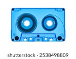 used transparent blue vintage audio tape cassette isolated, with the back light, a symbol of 80s, 90s period