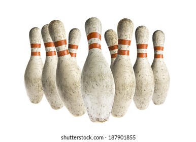 Used Vintage Bowling Pins Falling Isolated On White