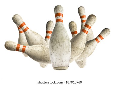 Used Vintage Bowling Pins Falling Isolated On White