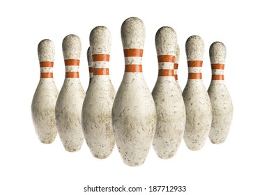 Used Vintage Bowling Pins Isolated On White